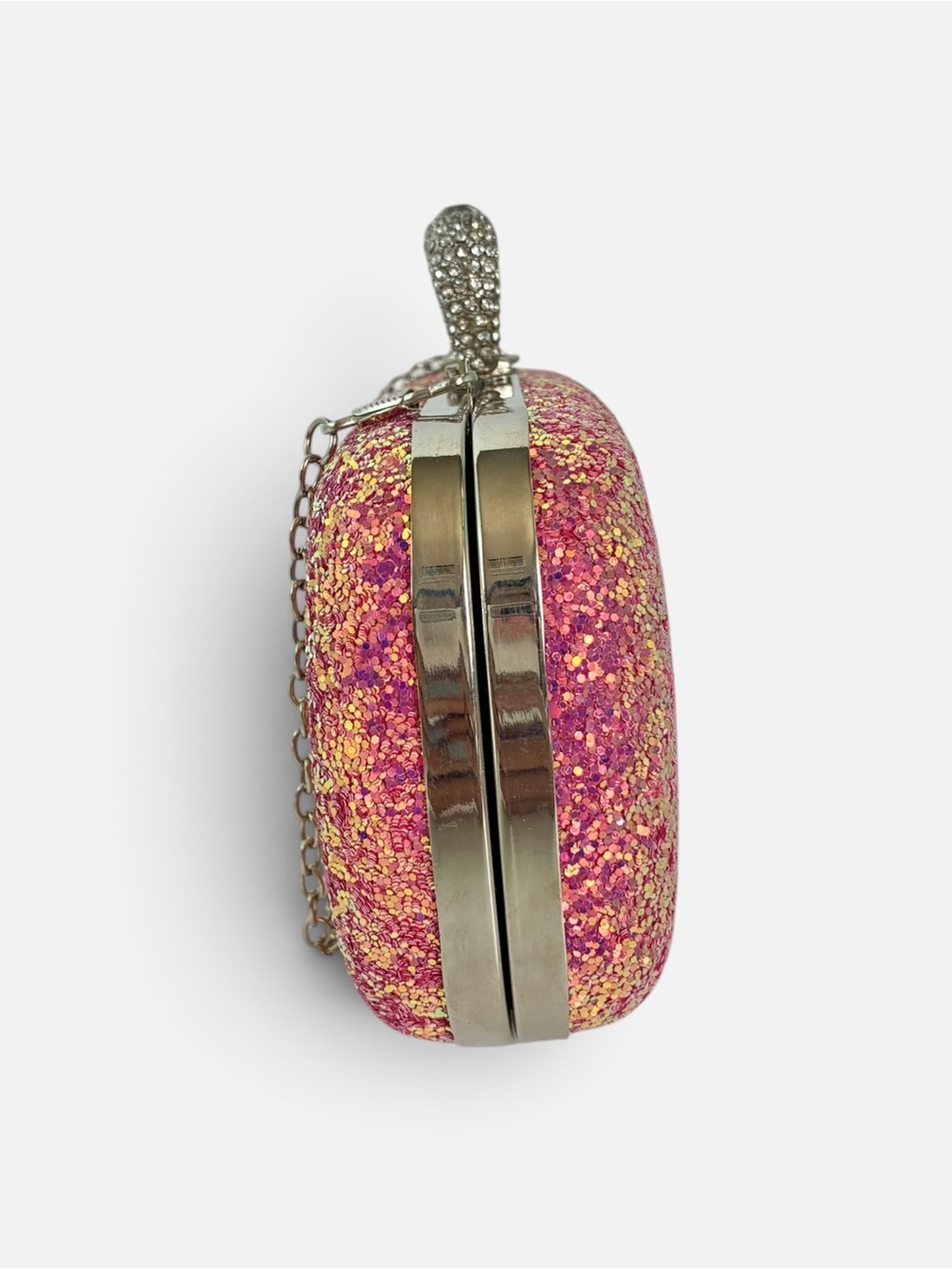 Pink Glitter Ring-Clasp Evening Clutch with Chain - Picture 3 of 9